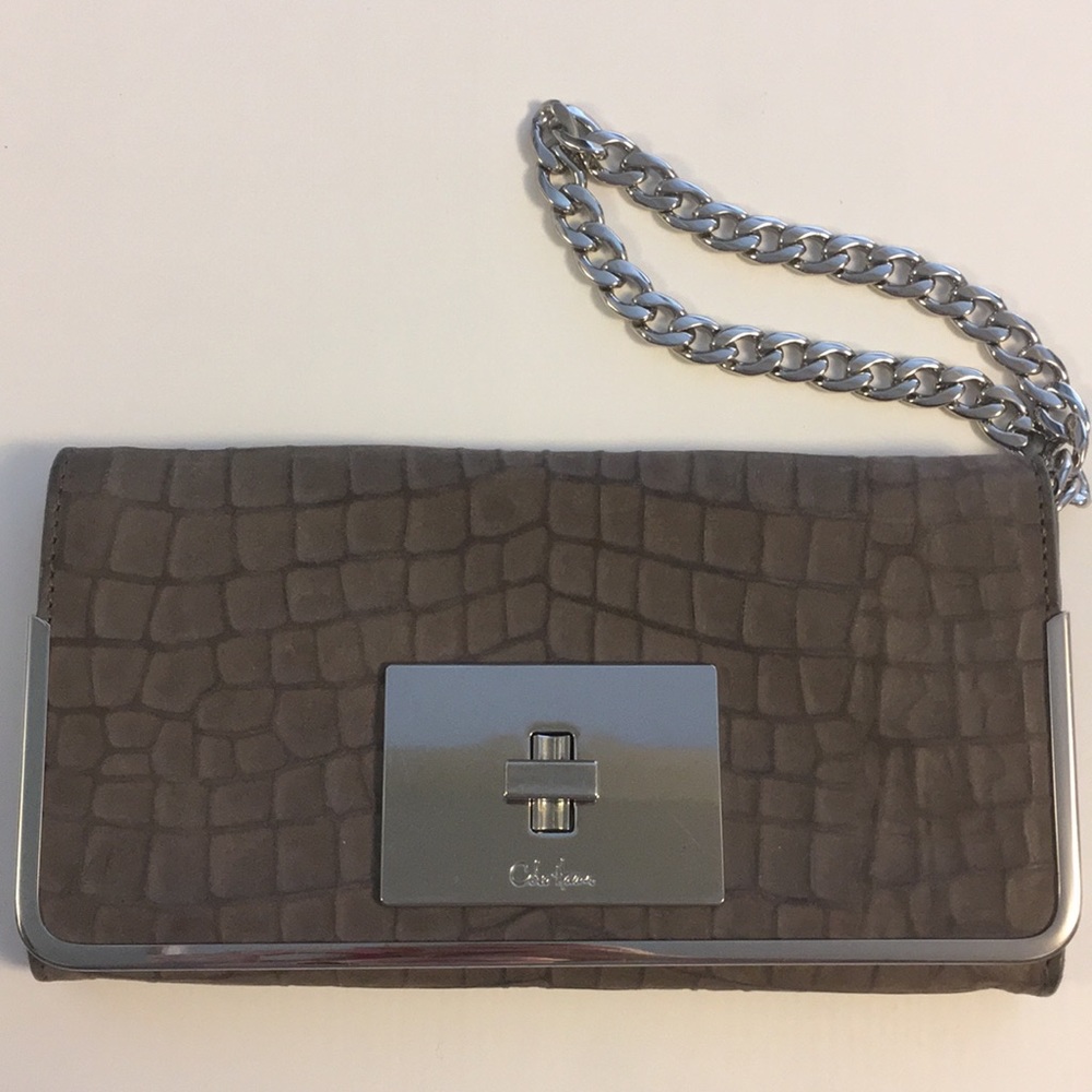 Grey suede clutch wristlet